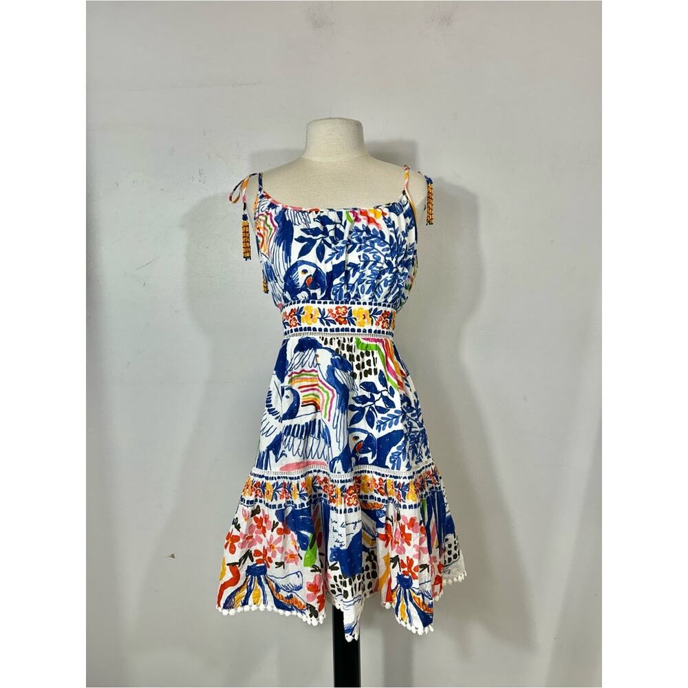 FARM Rio Tropical Toucan Bird Mini Dress Medium Beaded Tassel Pom Pom Trim - Picture 4 of 12